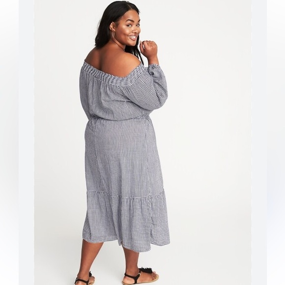 Old Navy Womens Waist-Defined Off-the Shoulder Gingham Midi Dress 2X cottagecore - Picture 1 of 13